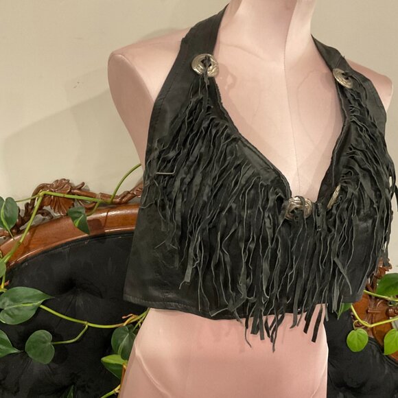 Vintage fringe Leather Fringed Halter Top Elastic Back Size XL Black - Picture 2 of 4